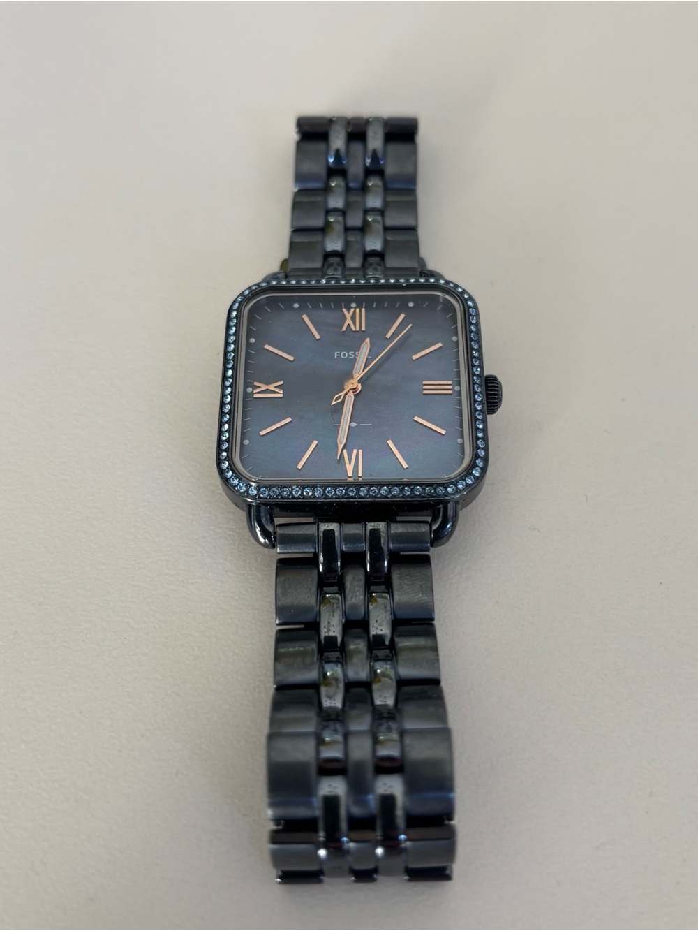 NEW BATTERY! Fossil Black Square Watch with Rose Gold Accents and Crystal Bezel